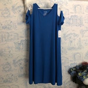 blue cut out shoulder dress